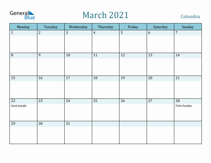 March 2021 Calendar with Holidays