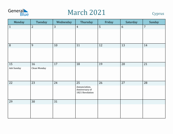 March 2021 Calendar with Holidays