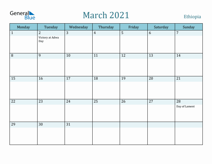 March 2021 Calendar with Holidays