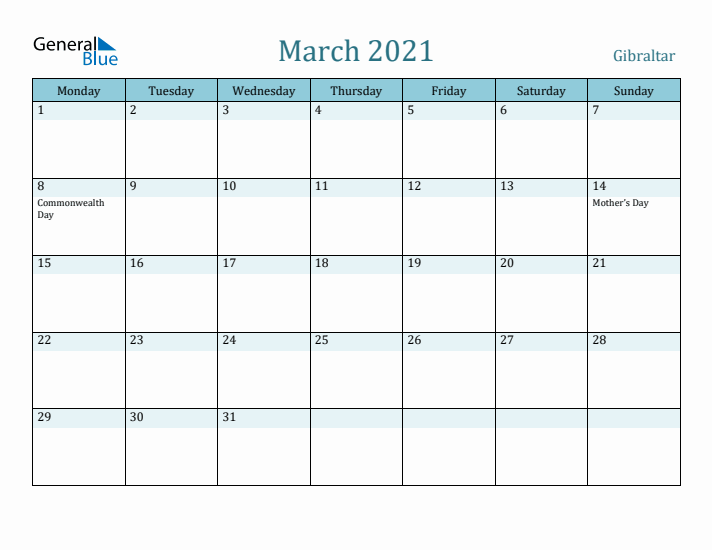 March 2021 Calendar with Holidays