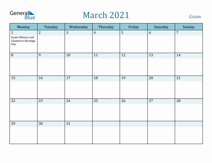 March 2021 Calendar with Holidays