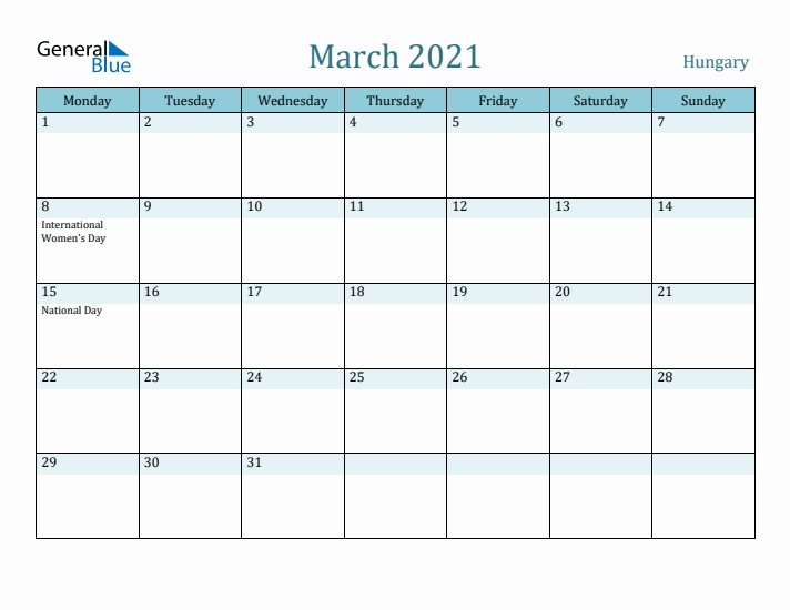 March 2021 Calendar with Holidays