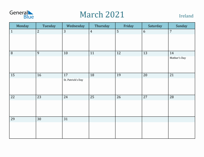 March 2021 Calendar with Holidays