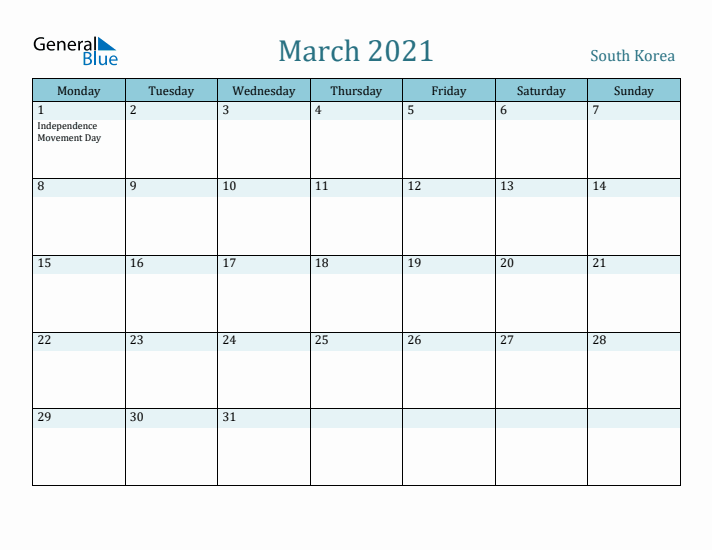 March 2021 Calendar with Holidays