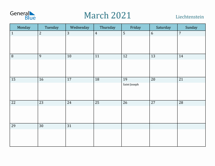 March 2021 Calendar with Holidays