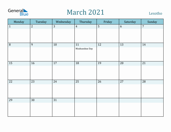 March 2021 Calendar with Holidays