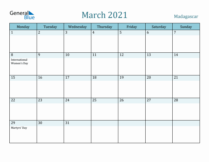 March 2021 Calendar with Holidays