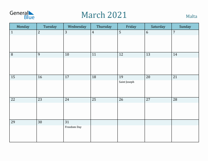 March 2021 Calendar with Holidays