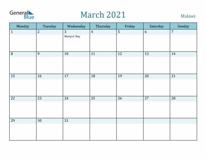 March 2021 Calendar with Holidays