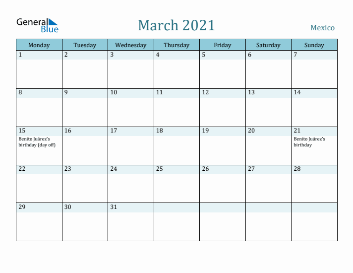 March 2021 Calendar with Holidays