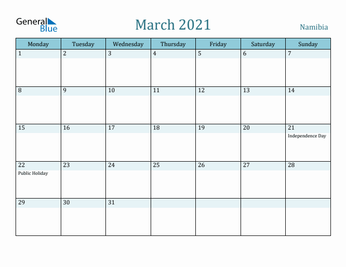 March 2021 Calendar with Holidays