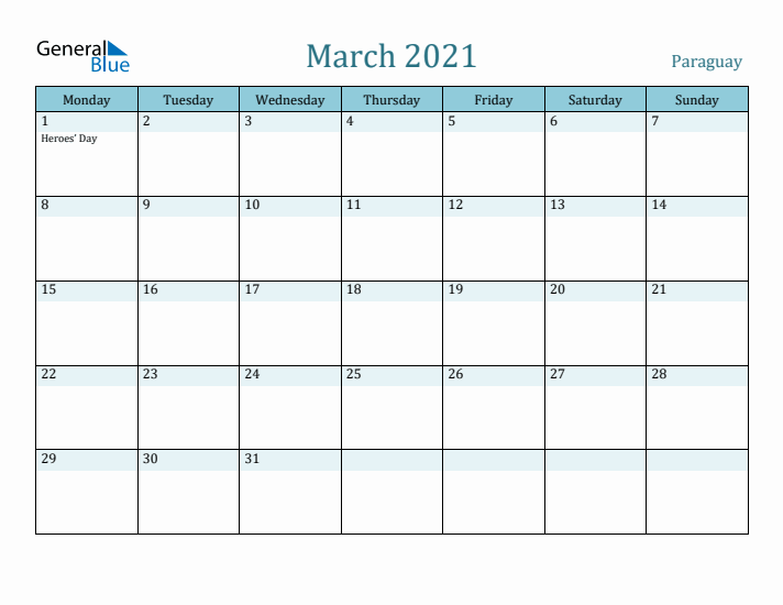 March 2021 Calendar with Holidays