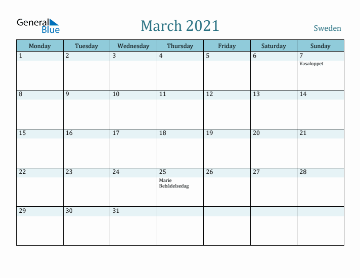 March 2021 Calendar with Holidays