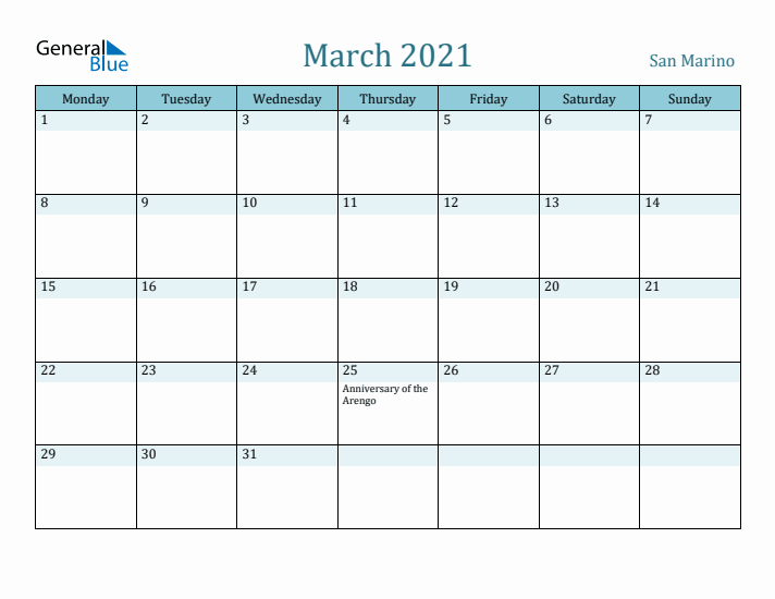 March 2021 Calendar with Holidays