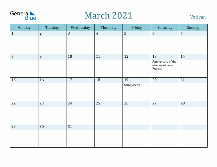 March 2021 Calendar with Holidays