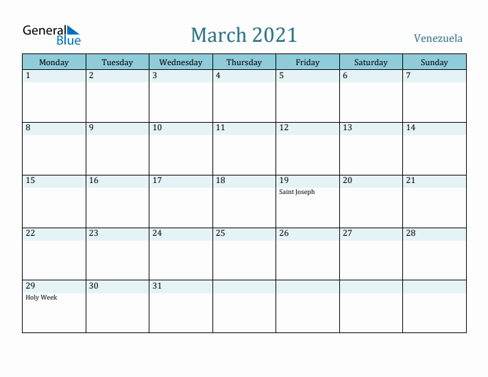 March 2021 Calendar with Holidays