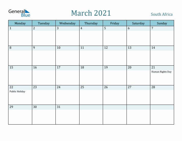 March 2021 Calendar with Holidays