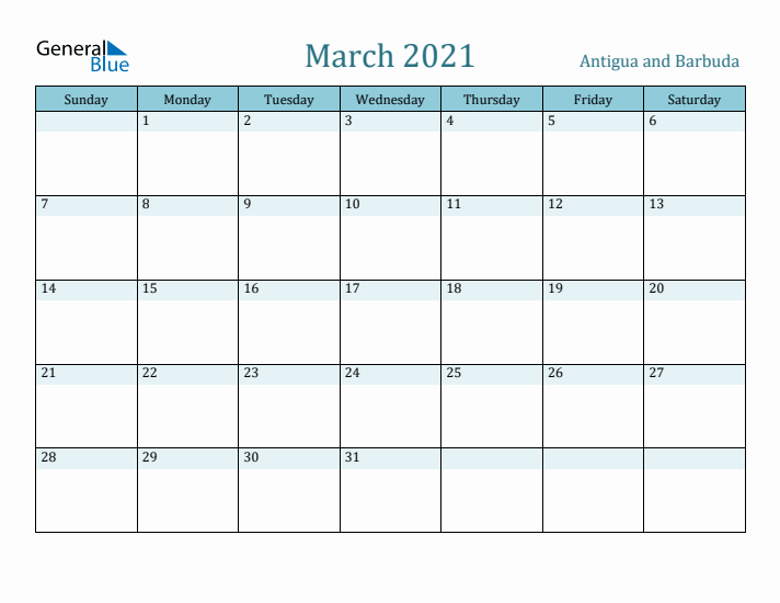 March 2021 Calendar with Holidays