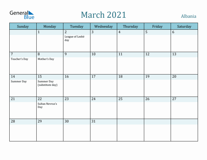 March 2021 Calendar with Holidays