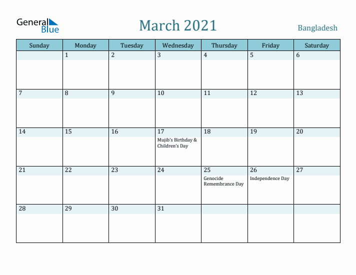 March 2021 Calendar with Holidays