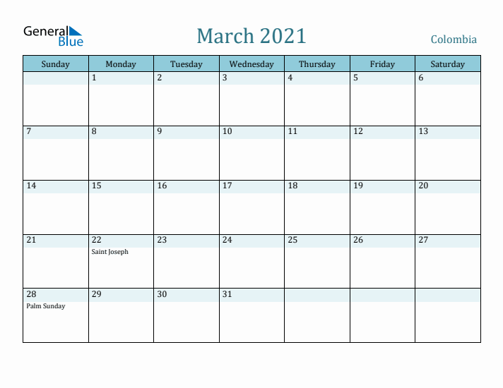 March 2021 Calendar with Holidays