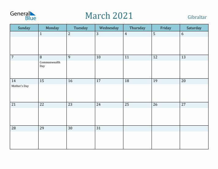 March 2021 Calendar with Holidays