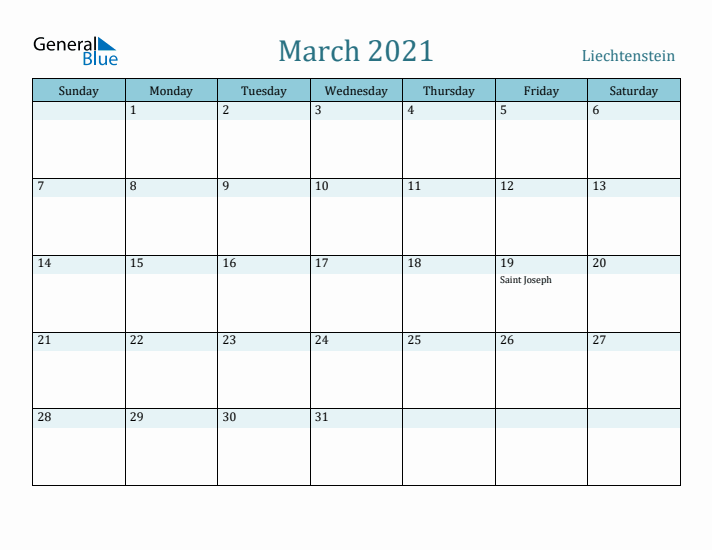 March 2021 Calendar with Holidays