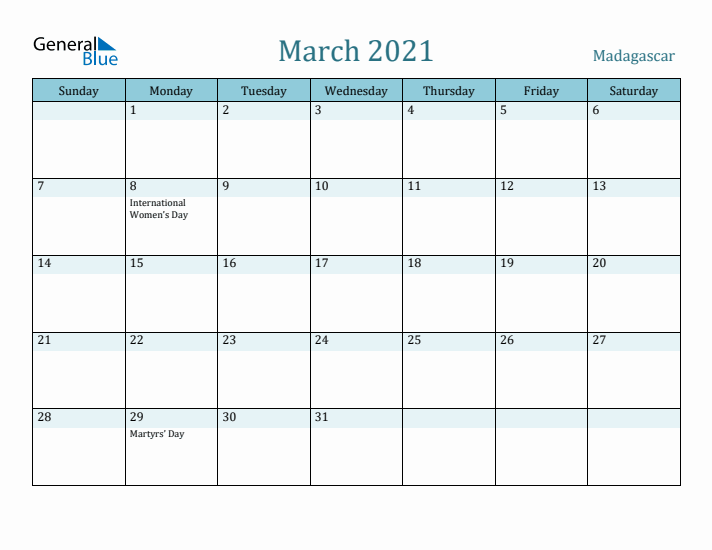 March 2021 Calendar with Holidays