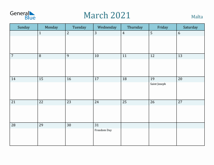 March 2021 Calendar with Holidays