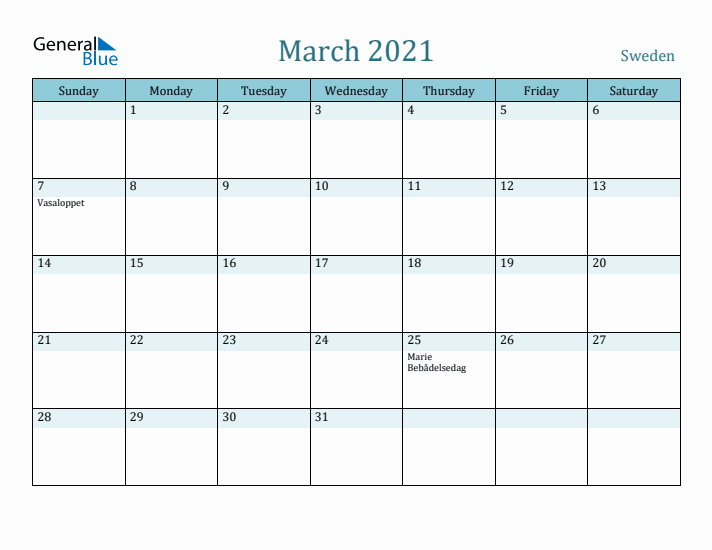 March 2021 Calendar with Holidays