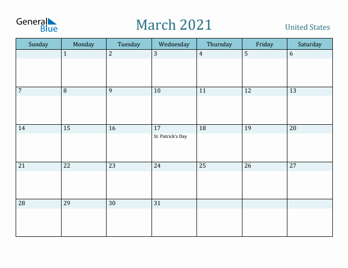 March 2021 Calendar with Holidays