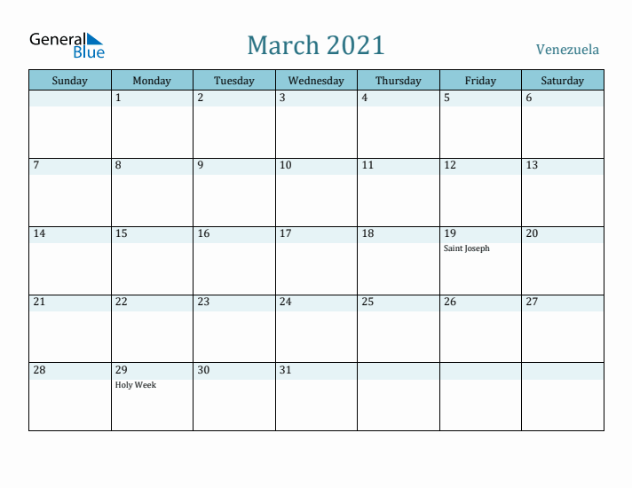 March 2021 Calendar with Holidays