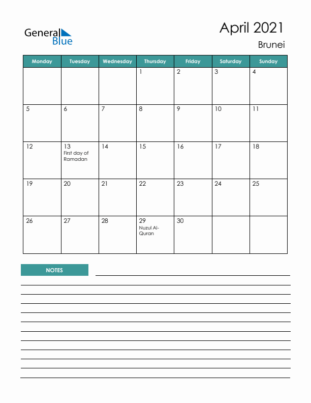 Calendar with Notes Printable - Monday Start