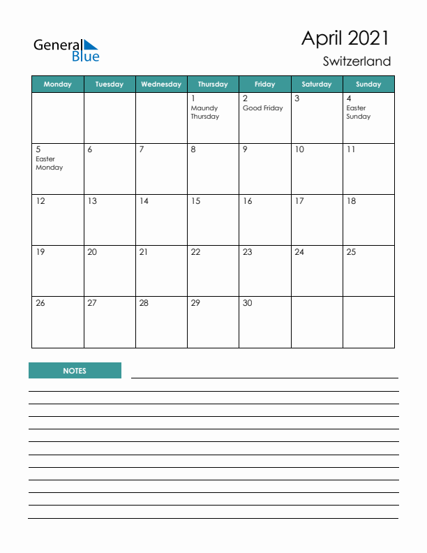 Calendar with Notes Printable - Monday Start