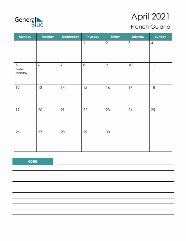 Calendar with Notes Printable - Monday Start