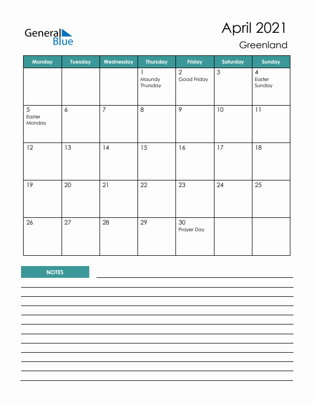 Calendar with Notes Printable - Monday Start