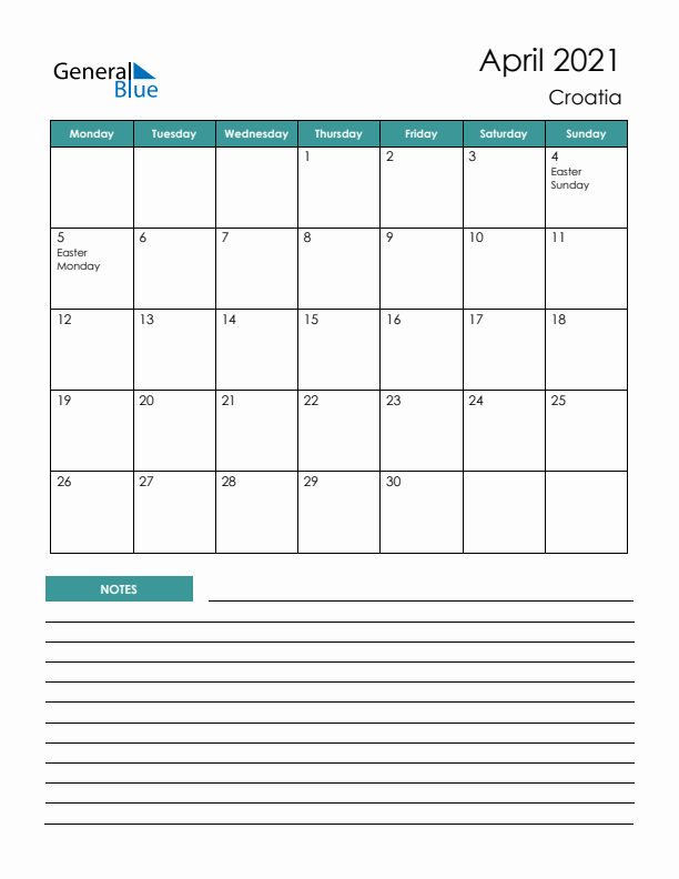 Calendar with Notes Printable - Monday Start