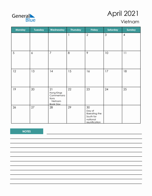 Calendar with Notes Printable - Monday Start