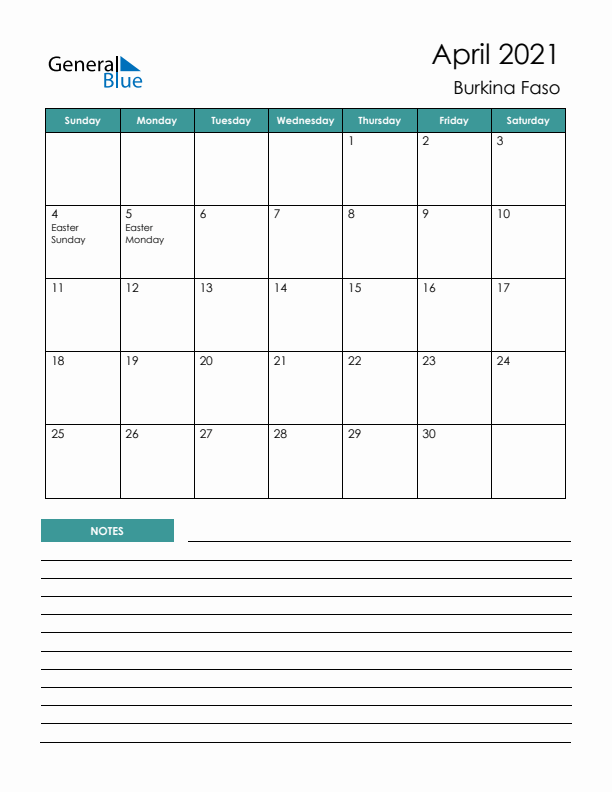 Calendar with Notes Printable - Sunday Start