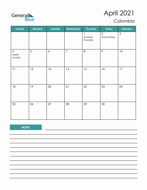 Calendar with Notes Printable - Sunday Start