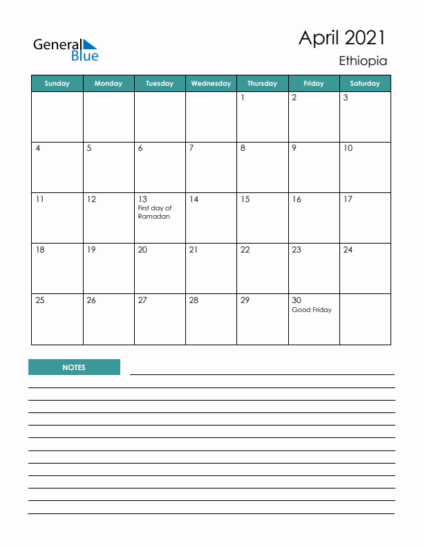 Calendar with Notes Printable - Sunday Start