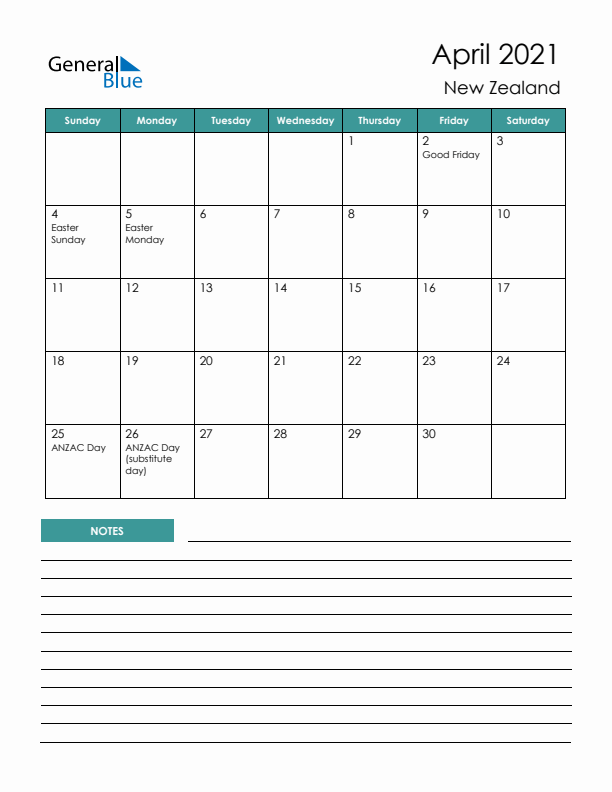 Calendar with Notes Printable - Sunday Start