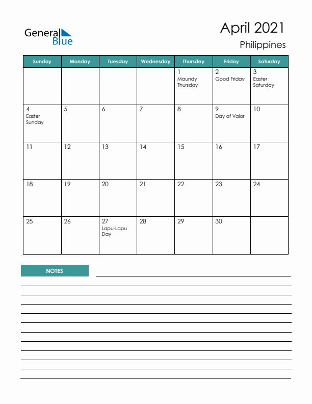 Calendar with Notes Printable - Sunday Start