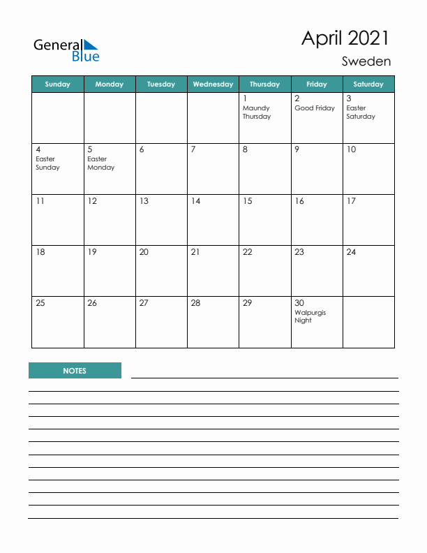 Calendar with Notes Printable - Sunday Start