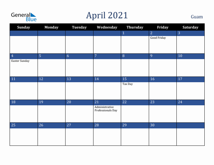 April 2021 Guam Calendar (Sunday Start)