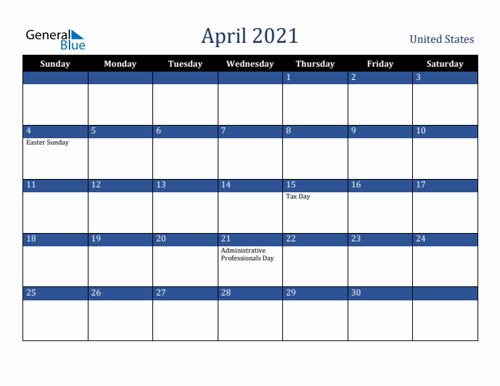 April 2021 United States Calendar (Sunday Start)