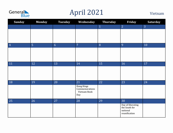 April 2021 Vietnam Calendar (Sunday Start)