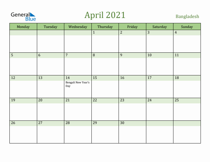 April 2021 Calendar with Bangladesh Holidays