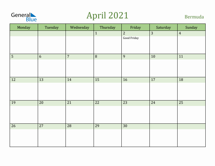 April 2021 Calendar with Bermuda Holidays