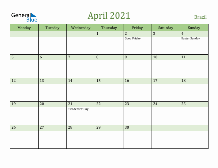 April 2021 Calendar with Brazil Holidays